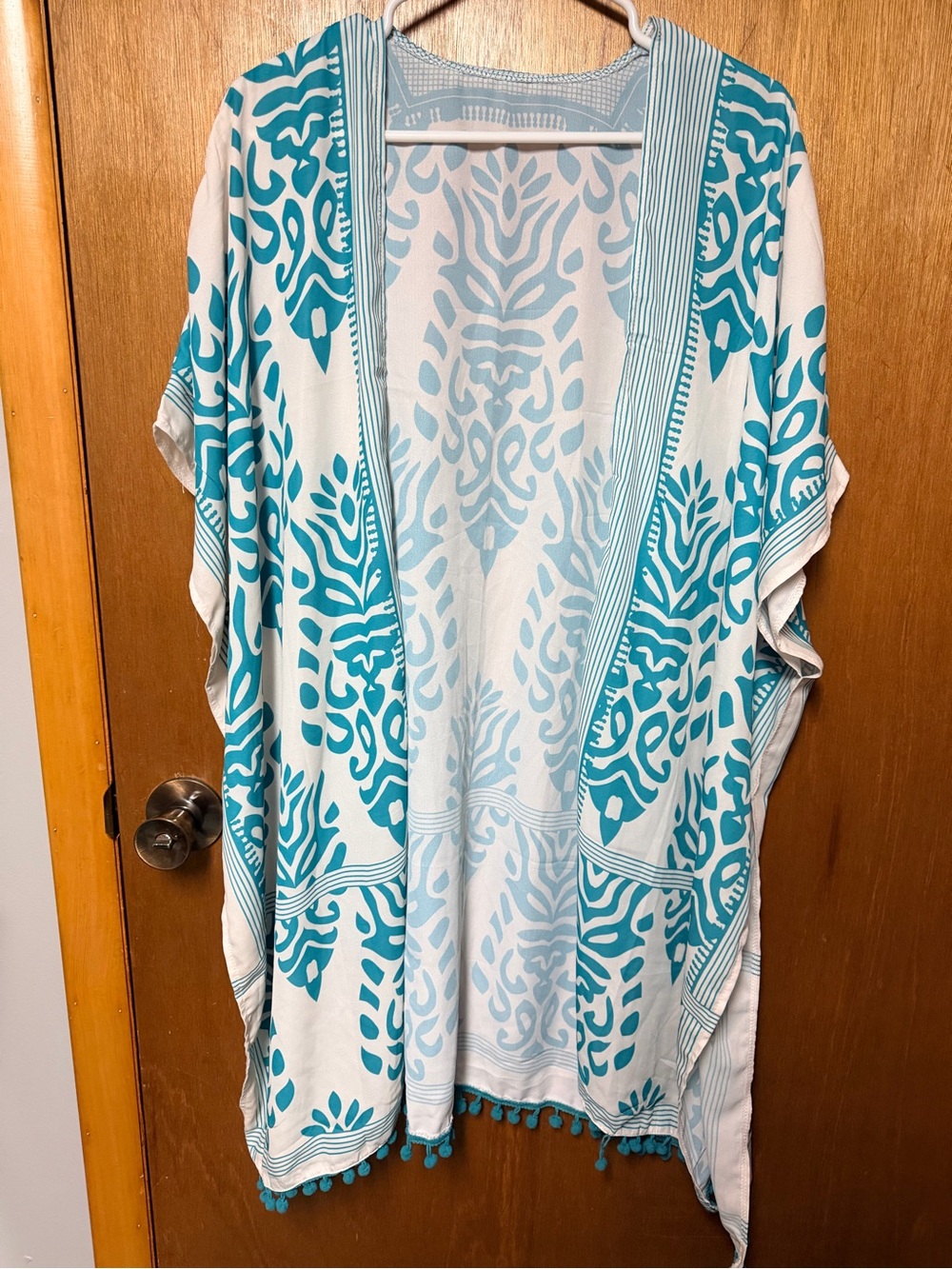 Turquoise and White Printed Kimono Cover-Up